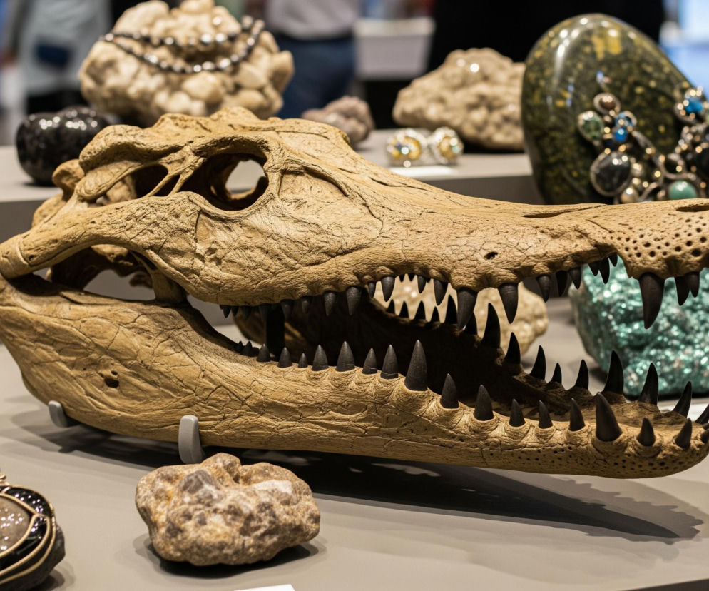 Na pierwszym planie, centralnie, leży piaskowo-brązowa czaszka krokodyla z ostrymi, czarnymi zębami wystającymi z górnej i dolnej szczęki. Z tyłu czaszki widać duże, puste oczodoły. Czaszka spoczywa na dwóch małych, szarych uchwytach na szarej powierzchni wystawowej. Wokół czaszki rozmieszczone są różne kamienie szlachetne i biżuteria: po lewej stronie znajduje się ciemnozielony kamień z inkrustacją w kolorze turkusu i złota, a obok niego kolejny okrągły, ciemny kamień z jaśniejszym, błyszczącym środkiem, otoczony złotym zdobieniem. Po prawej stronie czaszki leżą dwie bransoletki: jedna złota z niebieskimi kamieniami, a druga srebrna z dużym, jasnofioletowym kamieniem. W tle widać rozmazane kształty innych przedmiotów i postaci.