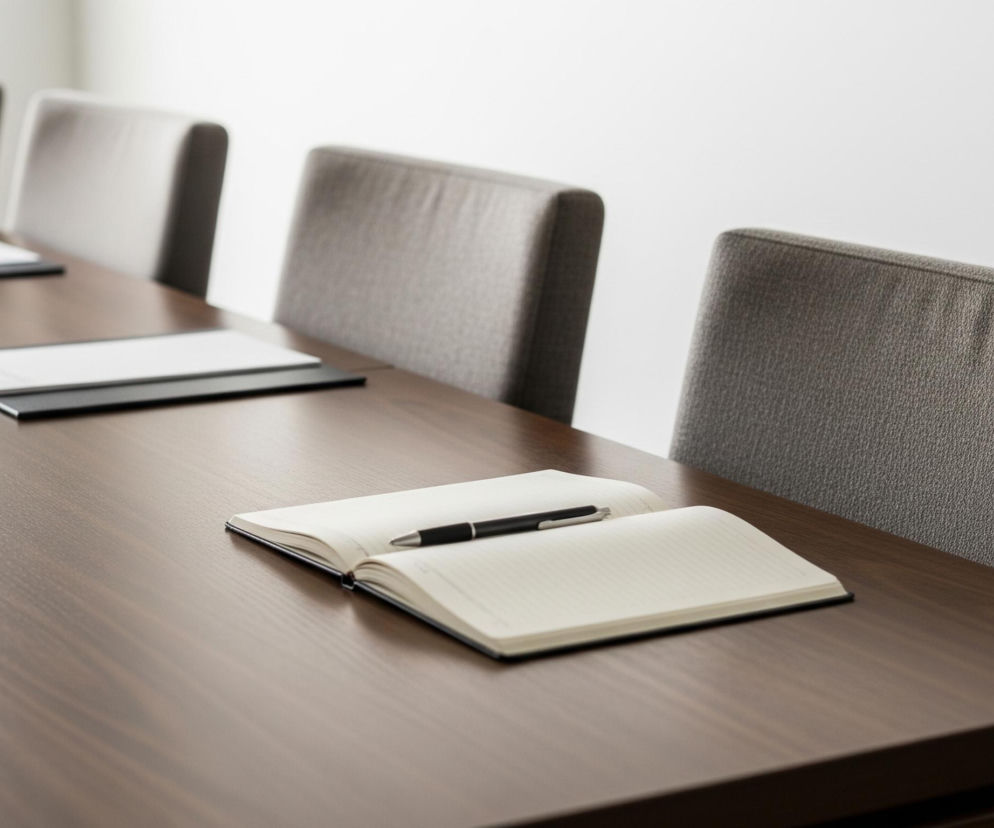 Na brązowym, podłużnym stole konferencyjnym leży otwarty notes z kremowymi kartkami w linie, a na nim czarny długopis ze srebrnymi elementami. Przed notesem, po lewej stronie, widoczne są trzy kolejne czarne podkładki z białymi kartkami, ułożone w równych odstępach. Po prawej stronie stołu ustawione są cztery krzesła z szarym, teksturowanym obiciem i drewnianymi ramami, z których jedno jest w ostrym focusie. Tło stanowi jasna, biała ściana z delikatnymi refleksami światła po lewej stronie, sugerującymi obecność okna.