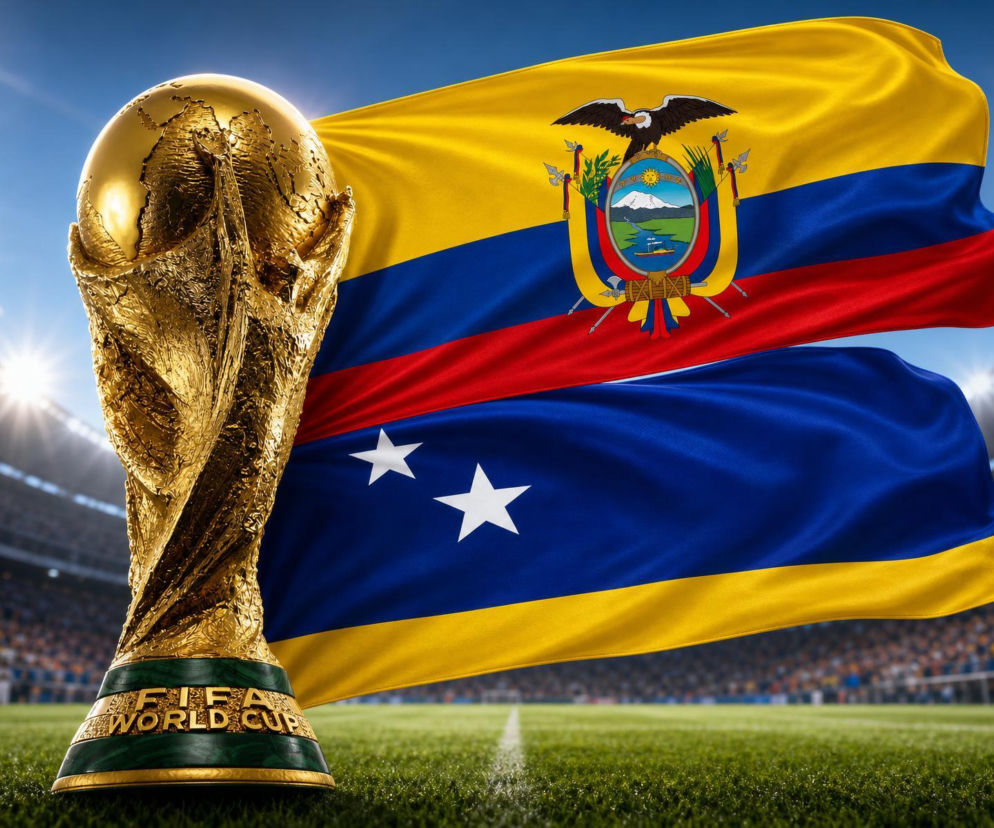 Puchar Świata FIFA na tle flag Ekwadoru i Curaçao, powiewających nad stadionem piłkarskim, symbolizujący emocje Mundialu 2026 i mecz Ekwador - Curaçao. Wszystkie szczegóły znajdziesz na naszym portalu.