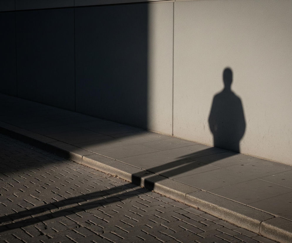 Na beżowej, strukturalnej ścianie budynku widoczny jest ciemny cień ludzkiej sylwetki, rzucany od pasa w górę. Duża część obrazu po lewej stronie jest zacieniona, ukazując ciemną ścianę i ciemną kostkę brukową, która przechodzi w oświetlony chodnik z krawężnikiem. Granica między światłem a cieniem jest pionowa na ścianie, a ukośna na chodniku, tworząc kontrastowe pasy jasnych i ciemnych tonów.
