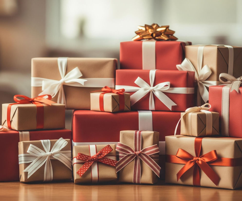 Na pierwszym planie, centralnie, ułożona jest stos prezentów o różnych rozmiarach i kształtach. Większość pudełek jest owinięta w czerwony lub brązowy papier, przewiązany wstążkami w odcieniach bieli, kremu, czerwieni, złota i pomarańczu, często z kokardami. Prezent na szczycie stosu w prawym górnym rogu ma złotą, ozdobną kokardę, natomiast inne wstążki są gładkie lub w paski i kropki. Całość znajduje się na brązowym, błyszczącym blacie, prawdopodobnie drewnianym. Tło jest rozmyte, ukazując niewyraźne kształty przedmiotów, takich jak lampa i meble, w ciepłych, neutralnych kolorach.