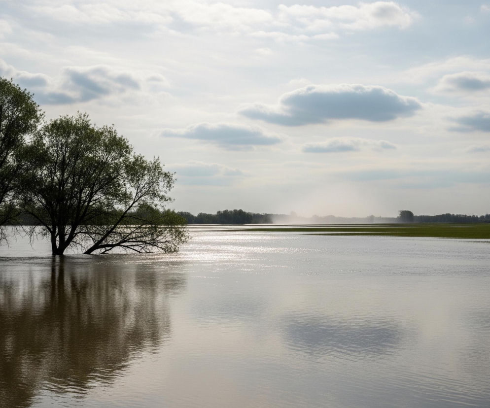 Główną część obrazu zajmuje rozległa powierzchnia wody, która odbija światło słoneczne w prawej, środkowej części kadru. Z lewej strony, w wodzie, zanurzone są dwa drzewa o zielonych liściach, z czego jedno jest częściowo pochylone. W oddali, na horyzoncie, widoczne są ciemnozielone lasy i pola, a nad nimi rozciąga się niebo z rozsianymi białymi i szarymi chmurami.