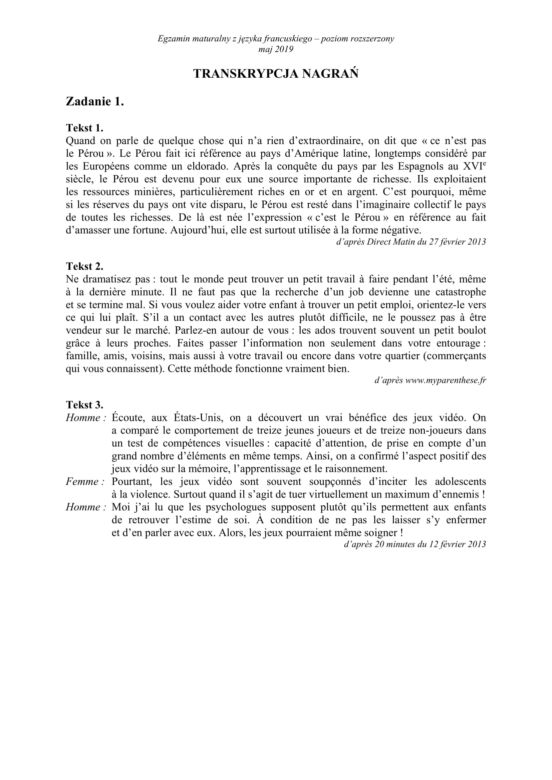 ARKUSZE CKE - Matura francuski - poziom rozszerzony 2019