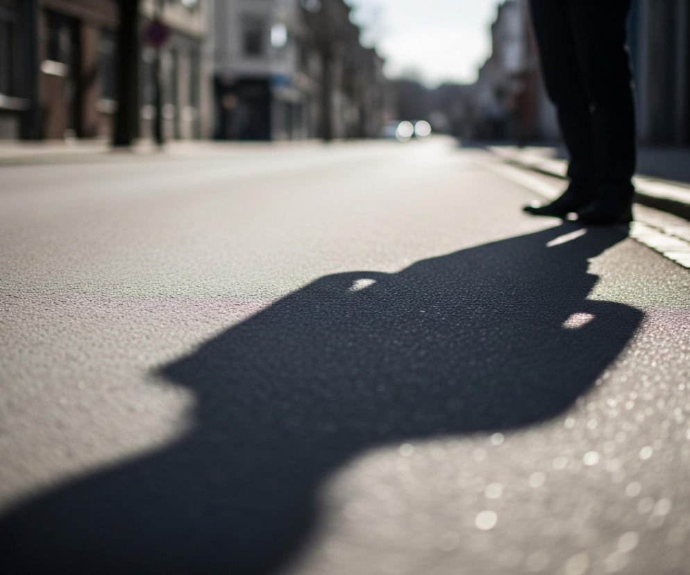 Asfaltowa ulica w odcieniach szarości z widocznym cieniem osoby rzuconym przez słońce, rozciągającym się na pierwszym planie po lewej stronie. Na pierwszym planie, w prawym górnym rogu, widoczne są fragmenty nóg w ciemnych spodniach i butach, stojące na chodniku wyłożonym kostką brukową. W oddali, w rozmazanym tle, widać miejską zabudowę z budynkami i drzewami, a także dwa niewyraźne, jasne punkty, prawdopodobnie światła samochodów.