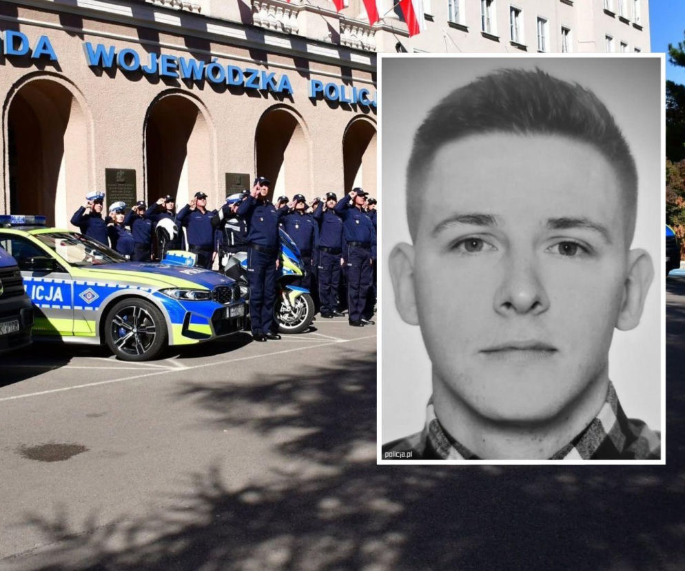 Policjanci salutujący przed komendą. Obok na miniaturze Natan Sieroń. O pożegnaniu policjanta czytaj w Eska Wrocław.