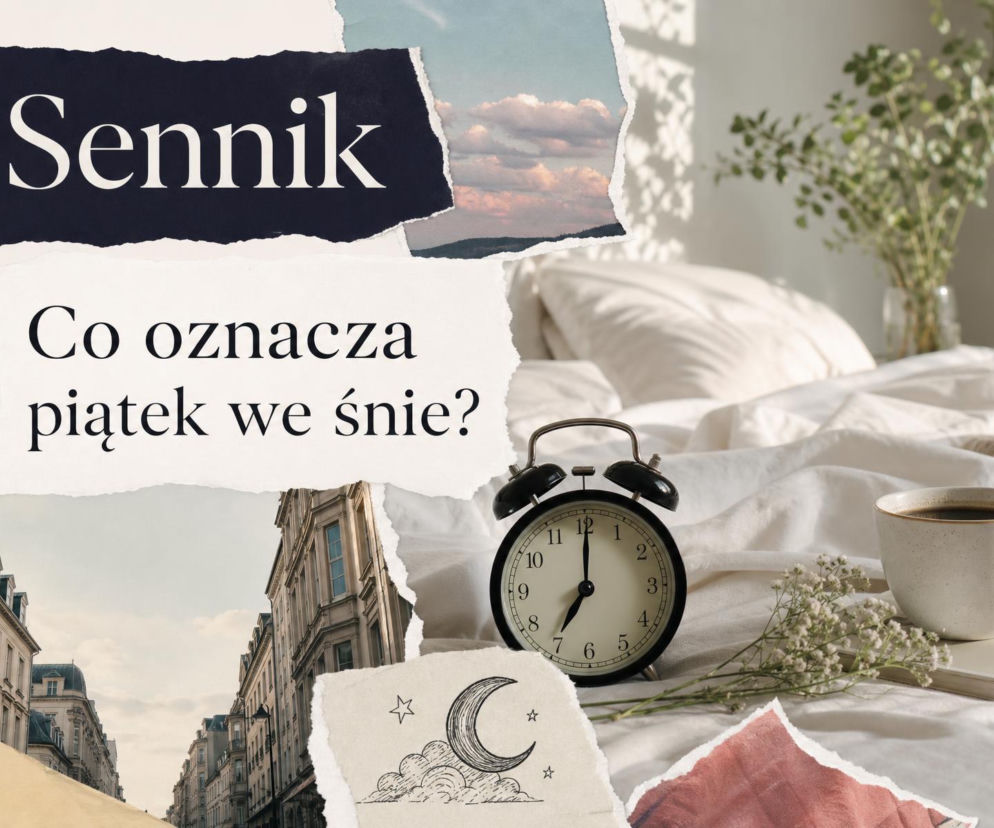 Budzik, kawa i napisy na kolażu o snach. O znaczeniu piątku w senniku przeczytasz na SE.