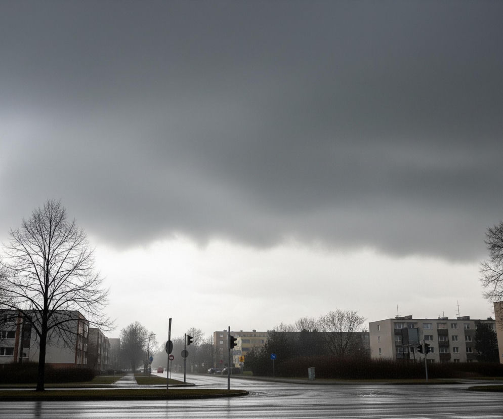 Szaro-niebieskie, gęste chmury dominują niebo, rozciągając się horyzontalnie przez całą szerokość obrazu. Poniżej rozciąga się miejski krajobraz z widocznymi budynkami mieszkalnymi o różnej wysokości i kolorystyce elewacji, a także licznymi nagimi drzewami o ciemnych konarach, rozmieszczonymi wzdłuż ulic i trawników. Mokra jezdnia odbija światło, ukazując ciemniejsze pasy i plamy, a sygnalizatory świetlne i znaki drogowe widoczne są na skrzyżowaniu w centralnej części kadru.
