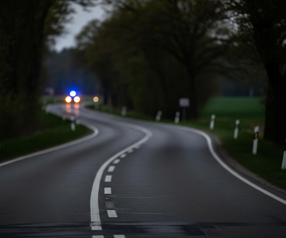 Ciemna, asfaltowa droga biegnie w głąb obrazu, lekko skręcając w lewo. Na jej środku widoczne są przerywane białe linie, zaś na krawędziach ciągłe białe pasy. W oddali, na końcu drogi, widnieją trzy jasne, rozmyte światła: jedno niebieskie na górze i dwa pomarańczowe poniżej. Po obu stronach drogi rosną drzewa tworzące ciemny, rozmyty las, a pomiędzy nimi widoczne są jasne, biało-czarne słupki odblaskowe.