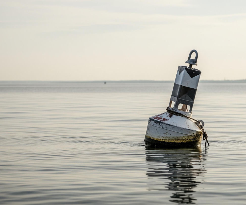 Na pierwszym planie, w centrum, znajduje się biało-czarna boja nawigacyjna. Dolna część boi jest biała z widocznymi, rdzawymi przebarwieniami i osadem na linii wody, natomiast górna część ma geometryczne, czarno-białe pasy oraz metalowy uchwyt na szczycie. Boja unosi się na spokojnej wodzie, tworząc delikatne zmarszczki na jej powierzchni. Horyzont wyznacza linia oddzielająca wodę od jasnego, beżowo-szarego nieba, z niewyraźnym zarysem lądu w oddali.