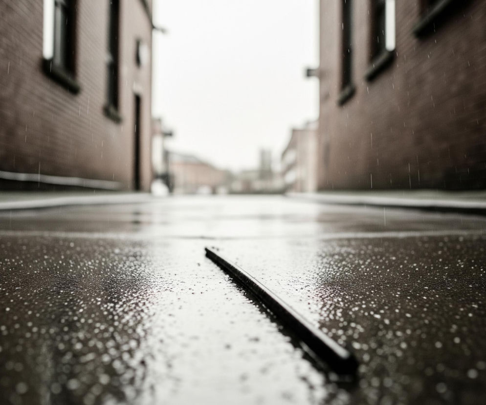 Czarny, podłużny element leży na mokrej, ciemnej powierzchni, pokrytej licznymi, błyszczącymi kroplami wody. Deszcz pada, tworząc smugi na ceglanych ścianach budynków po obu stronach wąskiej uliczki. W tle, perspektywa ulicy rozmywa się w jasnej, jednolitej szarości, sugerując pochmurny dzień.