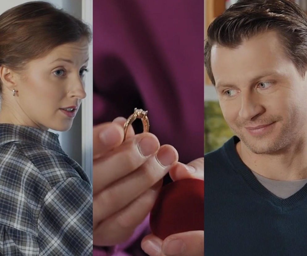 Dominika Suchecka jako Natalka i Patryk Szwichtenberg jako Adam z serialu M jak miłość. Adam trzyma pierścionek zaręczynowy, a Natalka spogląda z zaskoczeniem. Czy dojdzie do rozstania? Więcej informacji znajdziesz na Super Seriale.