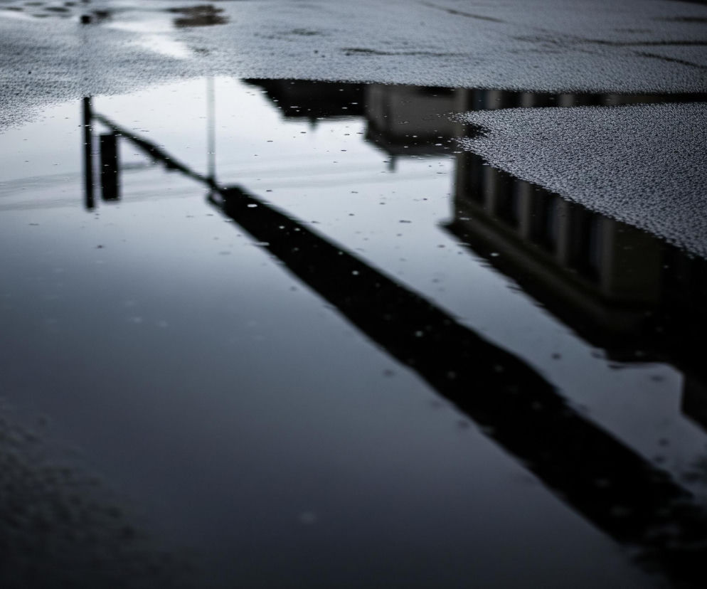 Głównym elementem obrazu jest duża kałuża na chodniku, odbijająca otoczenie. W odbiciu widoczna jest latarnia uliczna o ciemnej, pionowej sylwetce, z poprzeczną poprzeczką u góry. Obok niej odbija się fragment budynku o jasnej elewacji i kilku ciemnych oknach. Wierzchnia część chodnika, pozbawiona wody, ma szorstką, ziarnistą fakturę w odcieniach szarości, z kilkoma mniejszymi plamami wody. Kolorystyka zdjęcia jest zdominowana przez ciemne szarości, czernie i biel, co nadaje mu melancholijny charakter.