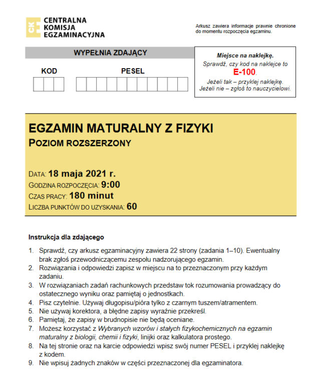 Matura 2021 fizyka rozszerzona - arkusz