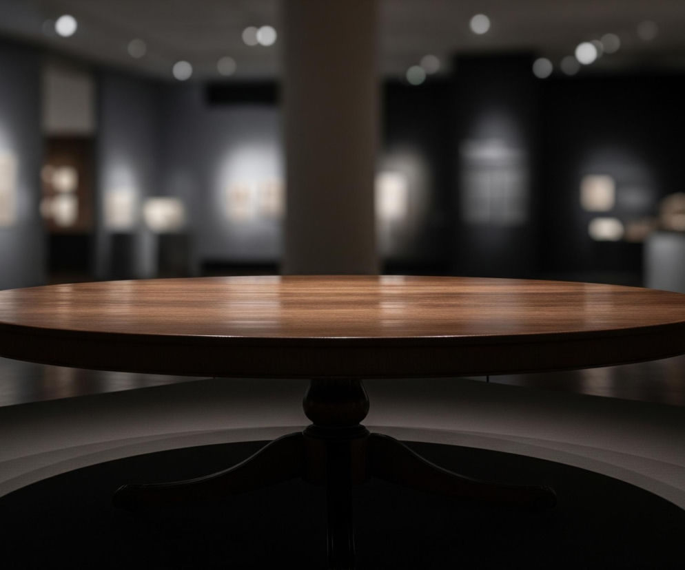 Centralnie umiejscowiony jest okrągły, drewniany stół o ciemnym, brązowym blacie z widocznym usłojeniem, odbijającym jasne światło. Stół ma ozdobną, rzeźbioną nogę i szerokie, wygięte podstawy, które rzucają głębokie cienie na czarną, okrągłą platformę, na której stoi. Tło stanowi rozmyta, ciemna przestrzeń, prawdopodobnie wnętrze galerii lub muzeum, z punktowymi, rozmytymi światłami na suficie i ścianach, oświetlającymi niewyraźne obrazy lub eksponaty.