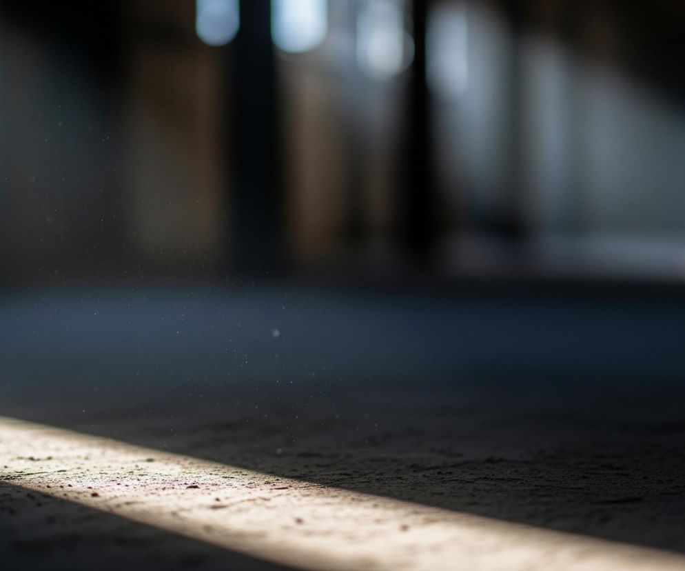 Szeroki pas światła słonecznego przecina ciemne pomieszczenie, padając ukośnie na pylistą podłogę. W powietrzu, w promieniach światła, widoczne są liczne drobne, jasne cząsteczki kurzu. Tło jest rozmazane, ukazując niewyraźne, ciemne kształty, sugerujące wnętrze jakiegoś budynku.