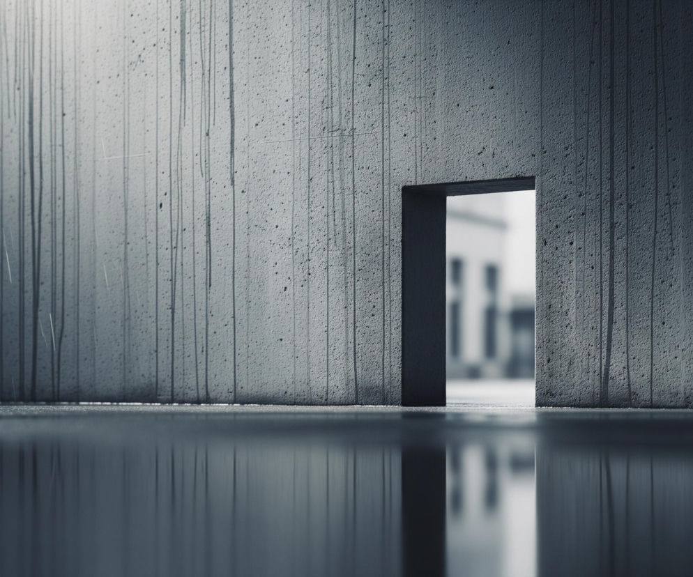 Szeroka, pozioma, szara ściana z betonu o ziarnistej teksturze biegnie przez środek kadru, dzieląc go na dwie części. W ścianie znajduje się prostokątne, ciemne przejście, przez które widać niewyraźne, jasne kształty budynków w tle. Na lewej części ściany widoczne są liczne pionowe smugi i spadające krople deszczu, które tworzą jasne linie. Poniżej ściany rozciąga się ciemna, lustrzana powierzchnia, odbijająca zarówno smugi i krople na ścianie, jak i niewyraźne kształty zza przejścia.