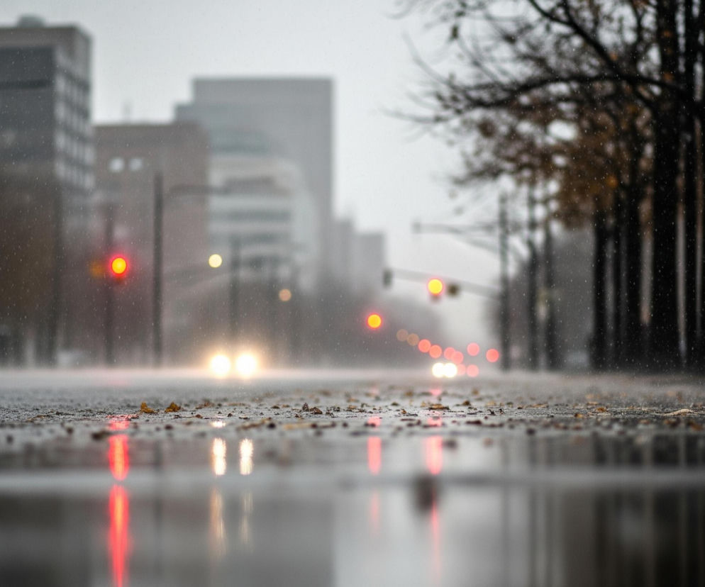 Asfaltowa ulica w miejskim otoczeniu, rozmyta i zalana deszczem, na pierwszym planie widoczne są pojedyncze, opadłe liście. Droga jest mokra, a kałuże odbijają rozproszone światła samochodów i sygnalizacji świetlnej, tworząc jasne, podłużne refleksy. W oddali, po lewej stronie, zarysowują się szare, niewyraźne budynki, a po prawej stronie widać ciemne pnie drzew z rzadkimi, brązowymi liśćmi, również rozmyte. Powietrze wypełniają drobne, jasne punkty, sugerujące opady śniegu lub deszczu ze śniegiem.