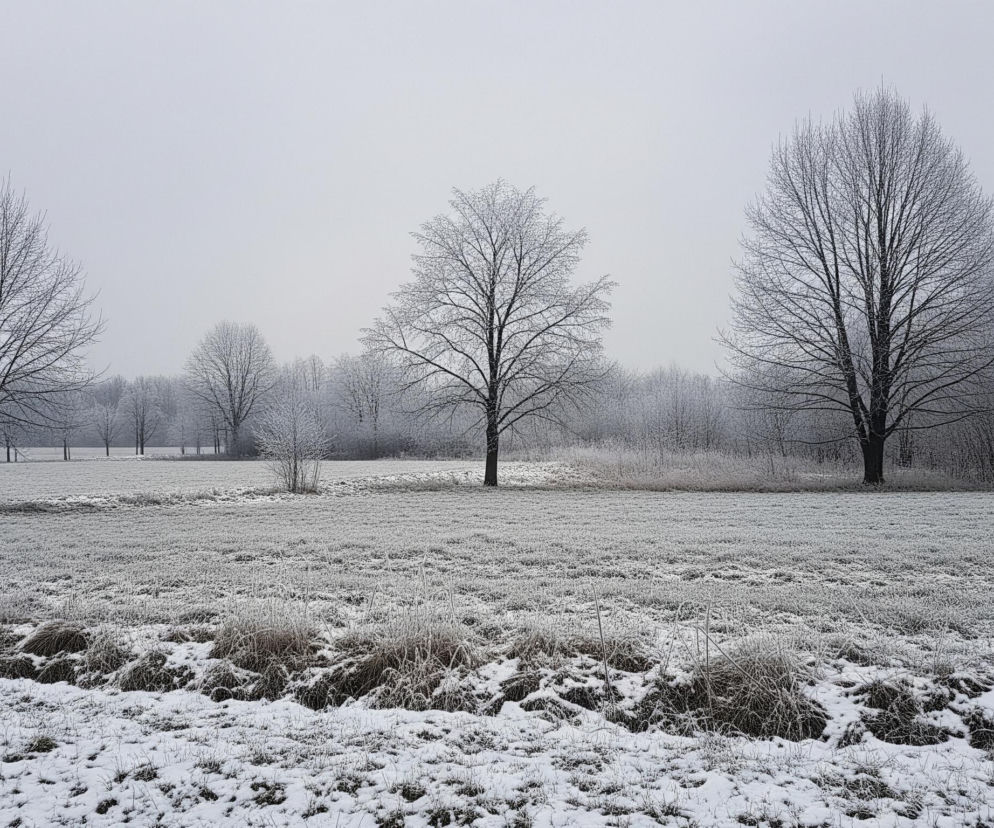 Pośnieżny, szary krajobraz, gdzie główne elementy to nagie drzewa i zaśnieżone pola. W centralnej części obrazu dominują trzy duże, bezlistne drzewa, ich gałęzie pokryte są szronem. Pomiędzy nimi i po ich bokach widoczne są mniejsze krzewy i drzewa, również pozbawione liści i otulone szronem, tworząc linię horyzontu.

Teren na pierwszym planie to zasypana śniegiem trawa i suche, brązowe kępy roślinności, gdzieniegdzie pokryte delikatną warstwą szronu. Dalej rozciąga się równinna, zaśnieżona przestrzeń, przechodząca w oddali w linię ciemniejszych drzew. Niebo jest jednolicie szare, pochmurne, co nadaje całości zimny i spokojny charakter.