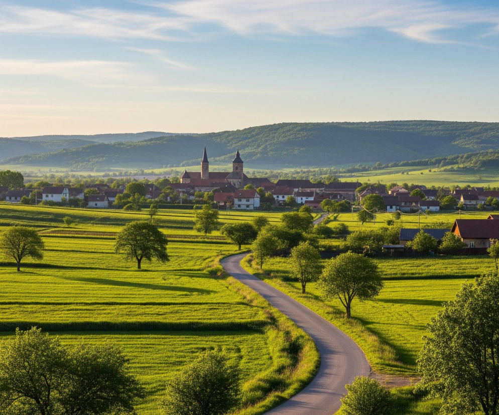 Kręta, asfaltowa droga biegnie przez rozległe, intensywnie zielone pola uprawne, w kierunku odległej wioski. Po obu stronach drogi i na polach rosną pojedyncze drzewa o zaokrąglonych koronach, rzucające długie cienie na trawę. W tle dominują pasma zalesionych wzgórz, a nad nimi rozciąga się jasne, błękitne niebo z delikatnymi białymi chmurami. W centrum wioski wyraźnie widoczne są dwa kościelne wieże z ciemnymi stożkowymi dachami, wyróżniające się spośród domów z czerwonymi dachami.