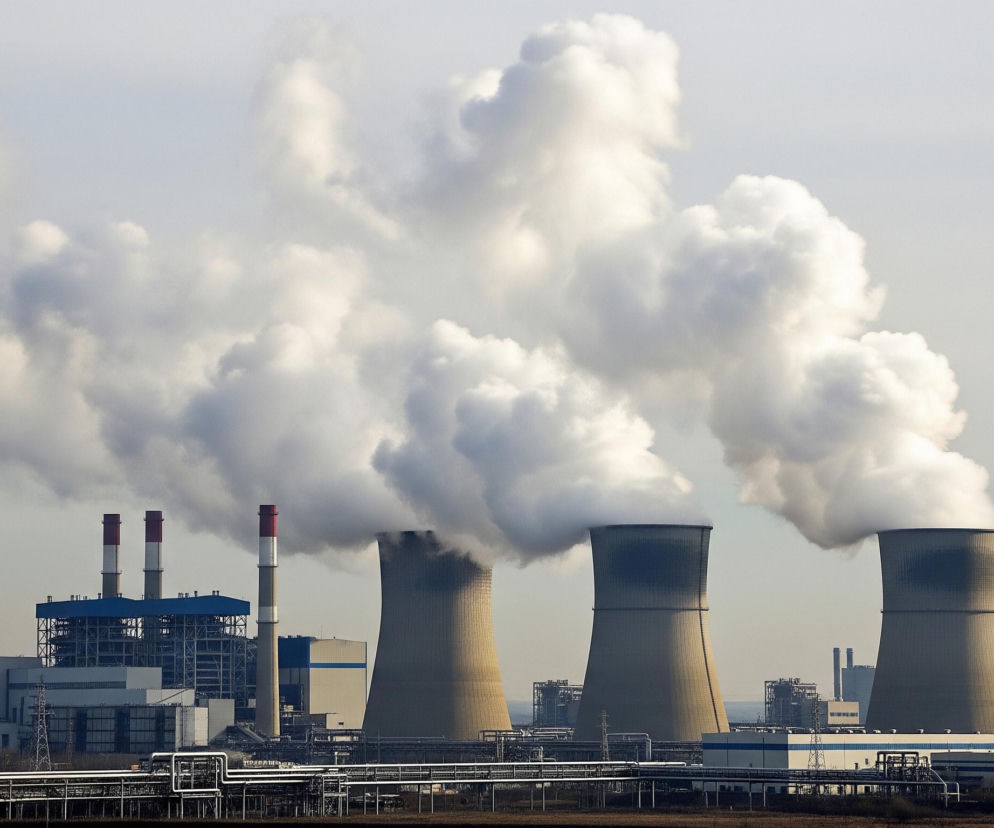 Na pierwszym planie widoczne są trzy duże, beżowe kominy chłodnicze, z których intensywnie wydobywa się biała, kłębiasta para wodna, unosząca się w górę i rozpraszająca na tle jasnego nieba. Po lewej stronie kominów chłodniczych znajduje się kompleks budynków przemysłowych w odcieniach szarości i błękitu, z kilkoma wysokimi, wąskimi kominami w kolorze beżowym z czerwonymi pasami na szczycie, również emitującymi mniejszą ilość pary i dymu. Poniżej rozciąga się sieć rur i konstrukcji przemysłowych, a w tle majaczą sylwetki innych obiektów i słupów wysokiego napięcia.