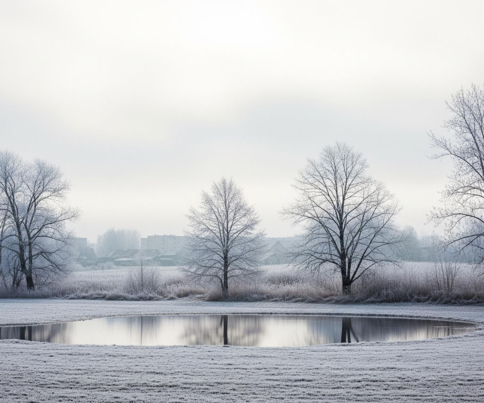 Na pierwszym planie znajduje się owalne, spokojne lustro wody, odbijające fragmenty nieba i drzew. Otacza je pokryta szronem, biała, pofałdowana powierzchnia terenu. W tle, równolegle do horyzontu, rośnie rząd drzew liściastych pozbawionych liści, ich gałęzie są cienkie i pokryte szronem, a ich odbicia widoczne są w wodzie. Dalej, za drzewami i pasmem zarośli, widać odległą zabudowę miejską o szarych konturach, tonącą we mgle pod jasnym, zachmurzonym niebem.