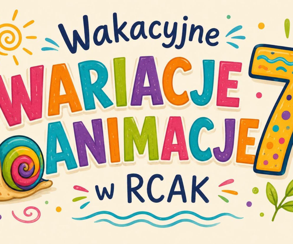Kolorowy plakat Wakacyjne Wariacje-Animacje w RCAK ze ślimakiem i cyfrą siedem. O grach dla dzieci czytaj w Radioplus.