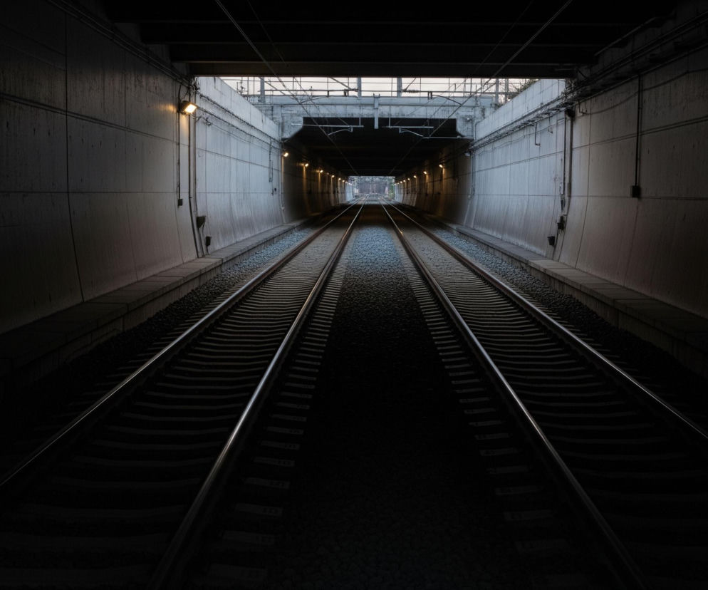 Dwa tory kolejowe biegną prosto przez tunel, stopniowo zwężając się w oddali ku jasnemu wyjściu. Ściany tunelu, wykonane z betonowych płyt, są podświetlone szeregiem jasnożółtych lamp, które tworzą smugi światła na ich powierzchni. Górna część tunelu, zwłaszcza w kierunku widocznego otworu, ukazuje konstrukcje wsporcze i liczne przewody trakcyjne, natomiast niżej po bokach widać ciemne, nieco zarośnięte perony.