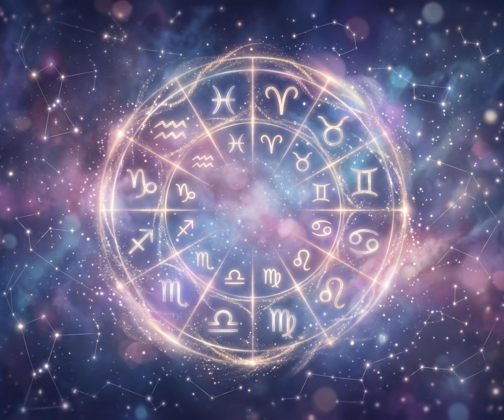 Znak zodiaku Byka, Barana, Bliźniąt, Raka, Lwa, Panny, Wagi, Skorpiona, Strzelca, Koziorożca, Wodnika i Ryb na gwiezdnym tle, symbolizujące horoskop na dziś, który można przeczytać na naszym portalu.