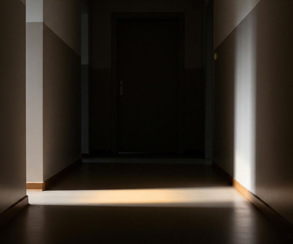 Wąski korytarz jest pogrążony w cieniu, z jednym fragmentem światła padającym z góry na prawą ścianę, tworząc jasny pionowy pas. Podłoga w oddali i u podstawy lewej ściany jest jasna, natomiast reszta pomieszczenia jest ciemna. Na końcu korytarza widoczne są ciemne drzwi z jasną klamką.