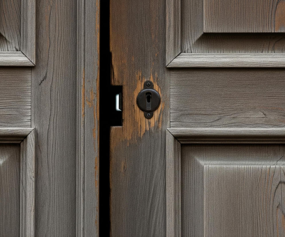 Drewniane, szare drzwi z wyraźnym usłojeniem zajmują całe zdjęcie, widoczne są dwie pionowe części. Prawa część drzwi jest lekko uchylona, tworząc cienką, czarną szczelinę, przez którą przebija się jasne światło, widoczne jedynie w dolnej części tej szczeliny. Na prawej części drzwi, blisko środka, znajduje się ciemna, metalowa szyld z otworem na klucz, przymocowana dwoma śrubami do brązowego, zniszczonego drewna. Obie części drzwi posiadają prostokątne, wklęsłe panele z zaokrąglonymi krawędziami.