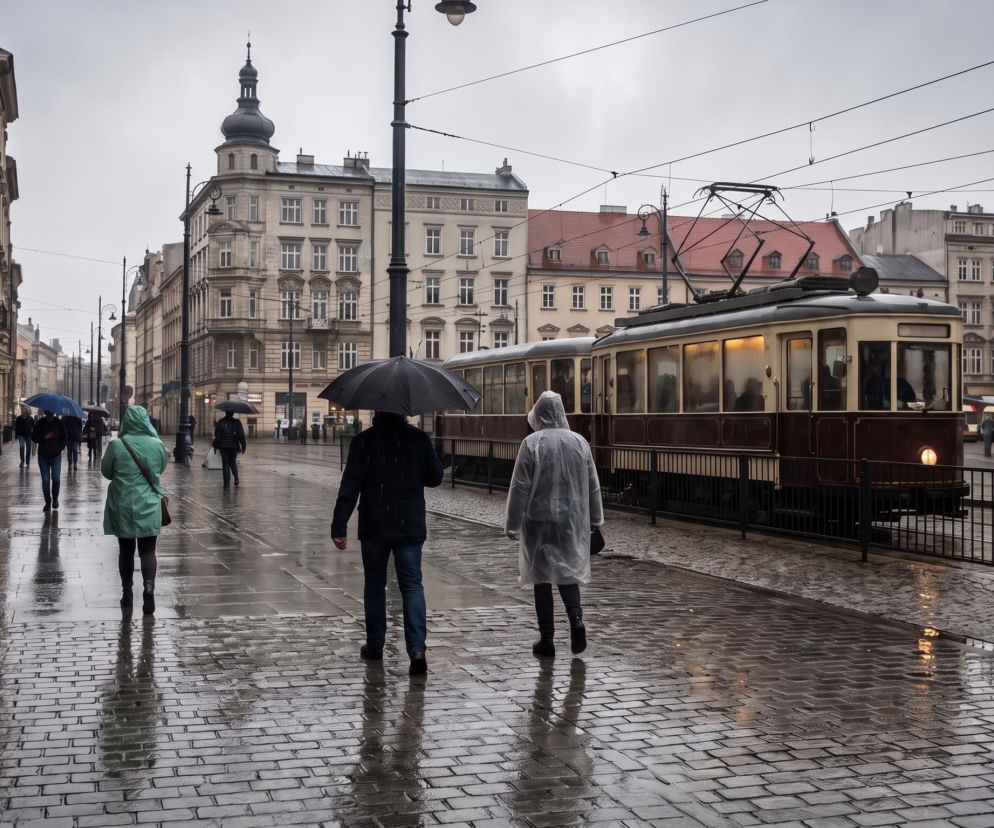 Ludzie z parasolami idą mokrą ulicą obok tramwaju w deszczowy dzień. O pogodzie na weekend przeczytasz w Eska.
