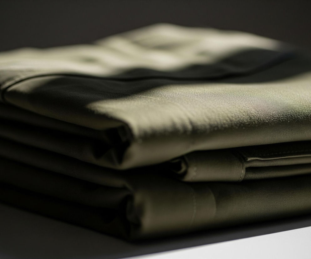 Na pierwszym planie, centralnie, ułożony jest stos trzech złożonych ubrań lub tekstyliów w kolorze oliwkowo-zielonym. Przedmioty są równo ułożone jeden na drugim, tworząc prostokątny kształt. Górny fragment stosu jest jaśniejszy i oświetlony naturalnym światłem z lewej strony, tworząc pasy światła i cienia, które podkreślają strukturę materiału. Widoczna jest lekko ziarnista tekstura tkaniny, szczególnie w jasnych obszarach. Tło jest rozmyte i ciemniejsze, kontrastując z oświetlonym głównym obiektem, który spoczywa na jasnej, ale zacienionej powierzchni.