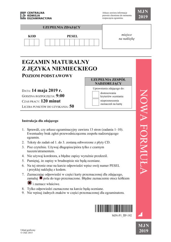 Matura 2019 niemiecki rozszerzony. ARKUSZE I ODPOWIEDZI