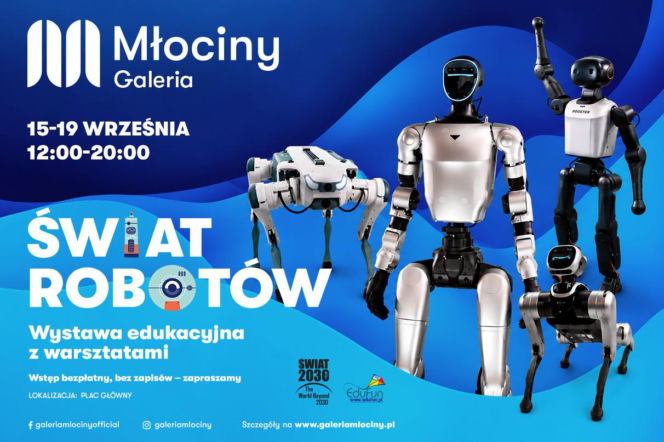 Plakat wystawy Świat Robotów w Galerii Młociny z humanoidalnymi i czworonożnymi maszynami. O atrakcjach czytaj w Eska.
