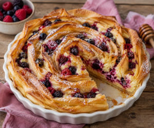 Ciasto  filo z kremem waniliowym i owocami. Chrupiące płatki skrywają aksamitne wnętrze