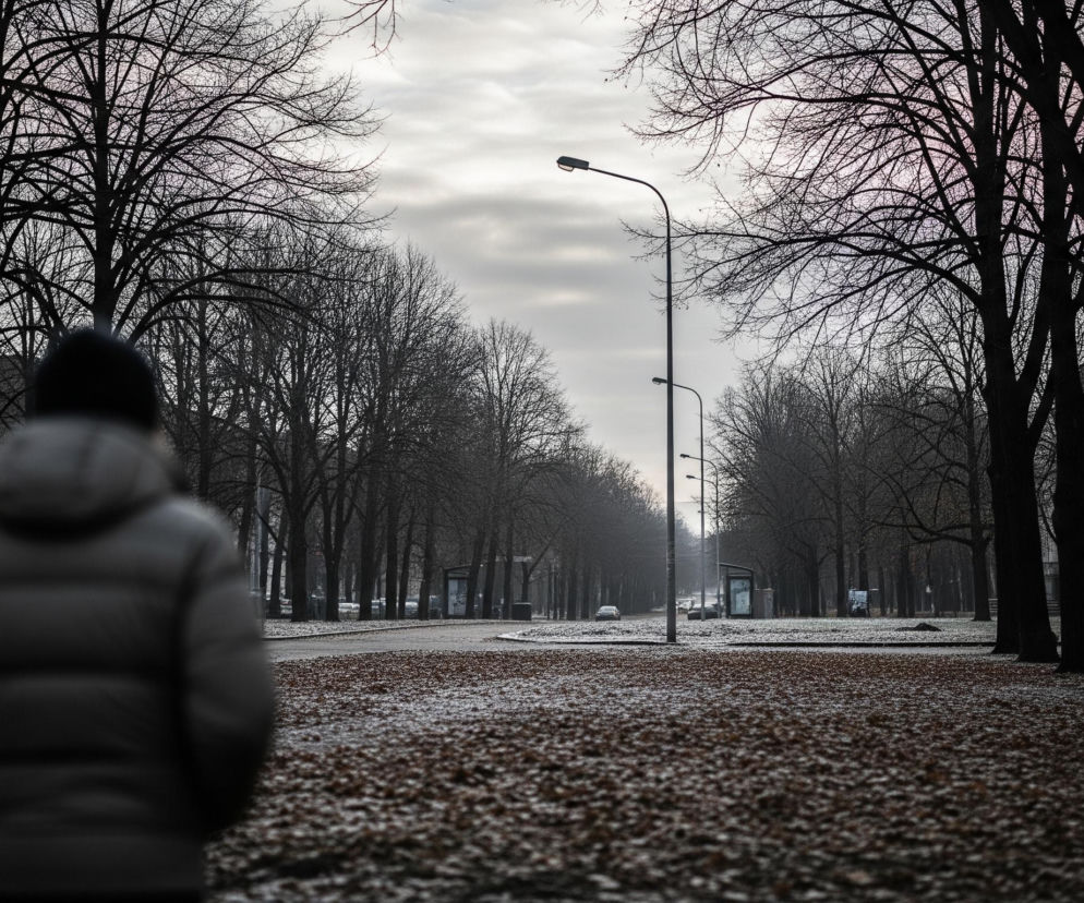 Osoba ubrana w szarą, pikowaną kurtkę zimową i ciemną czapkę stoi tyłem do obserwatora, w centrum kadru, z lekko rozmazaną postacią. Przed nią rozpościera się szeroka aleja, z chodnikiem po lewej i prawej stronie, pokryta częściowo szronem i brązowymi liśćmi. Wzdłuż alei, po obu stronach, rosną rzędy nagich drzew z ciemnymi, rozgałęzionymi konarami, tworzącymi gęsty wzór na tle jasnego, zachmurzonego nieba. Na środku alei widoczne są dwa słupy z latarniami ulicznymi, a w oddali dostrzec można kilka samochodów i budynki mieszkalne.