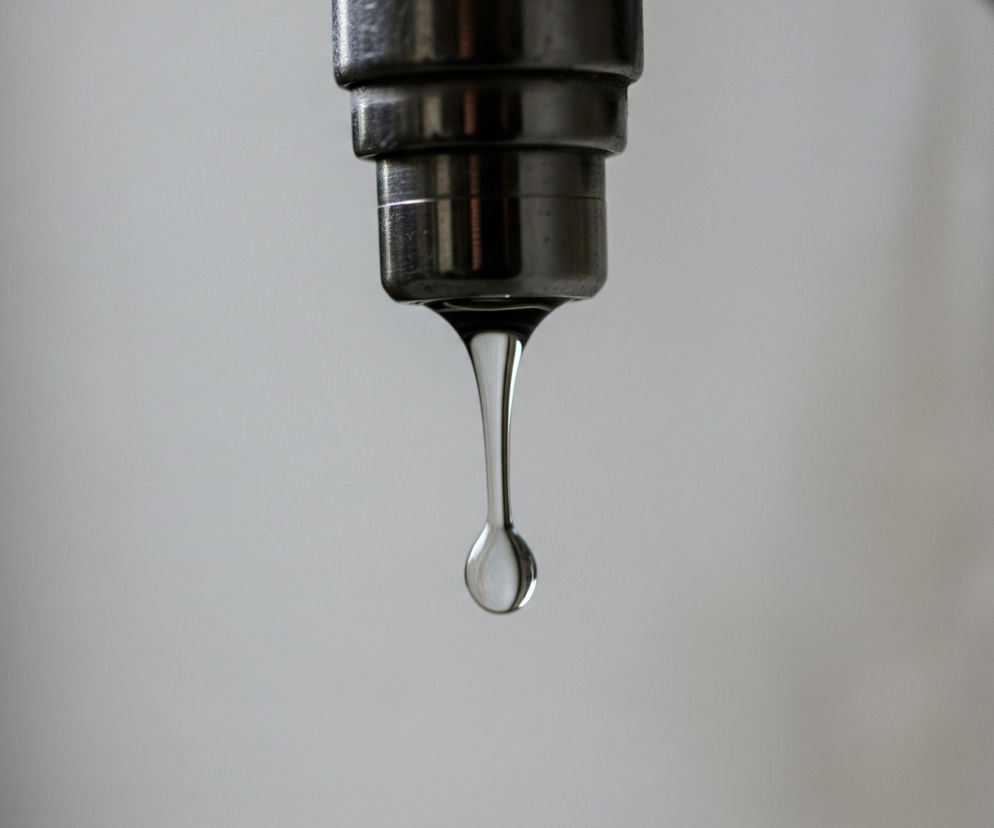 Z metalowej końcówki kranu zwisa pojedyncza, lśniąca kropla wody, która niemal odrywa się od głównej strugi. Końcówka kranu jest srebrzystoszara, z widocznymi poziomymi segmentami i refleksami światła. Tło jest rozmyte, jaśniejsze po lewej stronie i przechodzące w ciemniejszy, beżowy odcień z wyraźną, chropowatą teksturą po prawej, przypominającą ścianę.