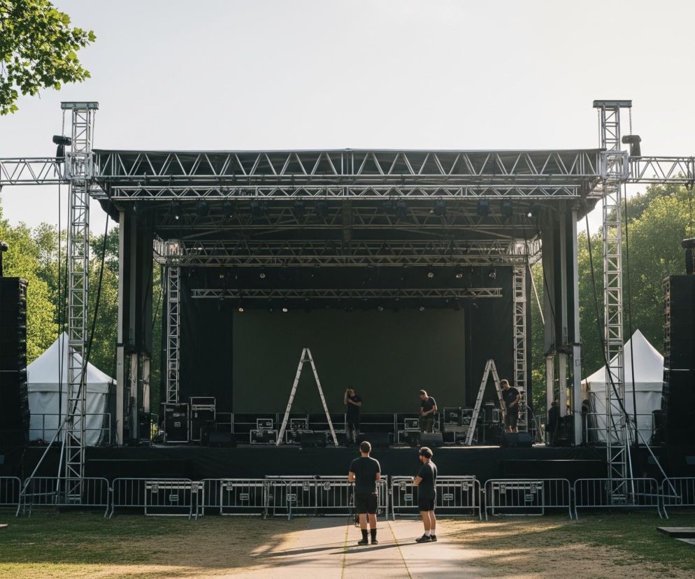 Centralny element obrazu to duża, czarna scena plenerowa, otoczona metalowymi kratownicami, na której pracują cztery osoby. Na scenie stoi srebrna drabina, a w tle widać duży, zielony ekran. Po bokach sceny, za barierami ochronnymi, widoczne są systemy nagłośnieniowe złożone z czarnych kolumn oraz białe namioty, a także skrzynie transportowe. Przed sceną na utwardzonym placu stoją plecami do widza dwie osoby w ciemnych ubraniach, natomiast w oddali rozpościera się zielony las i jasne, bezchmurne niebo.