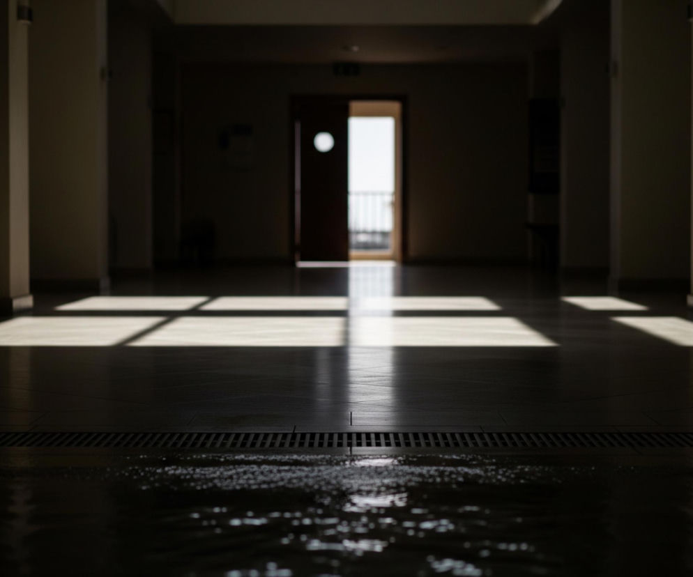 Długi, ciemny korytarz z kremowymi ścianami i brązowymi drzwiami na końcu, otwierającymi się na jasne światło z zewnątrz, widoczną balustradą. Na podłodze widoczne są prostokątne pasy słońca, tworzące wzór kraty, z czarną kratką odpływową biegnącą w poprzek korytarza w dolnej części obrazu. Przed kratką znajduje się powierzchnia z odbiciami drobnych, jasnych punktów światła.