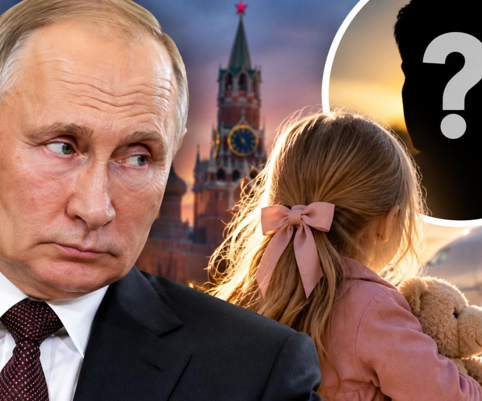 Władimir Putin na tle Kremla. Obok dziewczynka tyłem i miniatura z czarnym cieniem mężczyzny. O wnuczce Putina czytaj w SE.