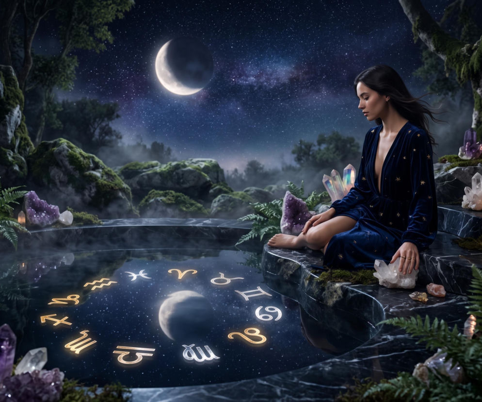 Kobieta w granatowej sukni siedzi nad stawem z kręgiem znaków zodiaku. O horoskopie dziennym przeczytasz na SE.