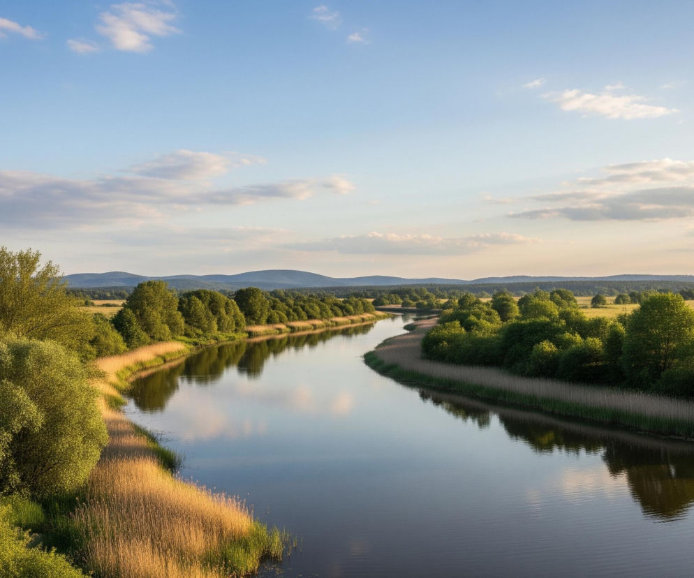 Kręta rzeka zajmuje centralną część obrazu, odbijając błękitne niebo z delikatnymi, białymi chmurami. Wzdłuż jej brzegów rosną gęste, zielone drzewa i wysokie trzciny w odcieniach zieleni i brązu, szczególnie widoczne na pierwszym planie po prawej stronie. Po obu stronach rzeki rozciągają się rozległe, złocisto-zielone pola, które zlewają się z ciemniejszymi lasami na horyzoncie. W oddali, pod jasnym niebem, rysują się pasma ciemnych wzgórz lub gór, a cała scena skąpana jest w ciepłym, wieczornym świetle.