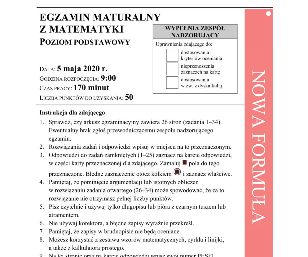Matura 2020 ARKUSZE CKE z matematyki POZIOM PODSTAWOWY [9.06.2020]