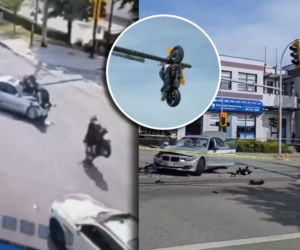 Motocykl zawisł na sygnalizatorze po zderzeniu! Niewiarygodny wypadek