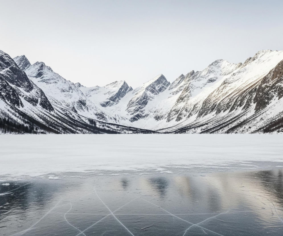 Zamarznięte Morskie Oko zimą otoczone ośnieżonymi szczytami Tatr. Widoczna tafla lodu na pierwszym planie odzwierciedla skaliste stoki. Sprawa elektrycznych busów do Morskiego Oka budzi kontrowersje, o czym przeczytasz na Super Biznes.