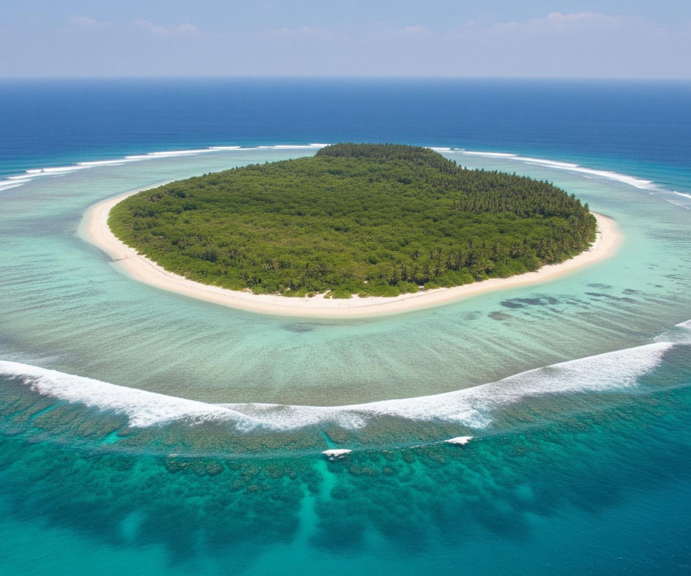 Zielona, porośnięta gęstym lasem tropikalnym wyspa o nieregularnym kształcie leży na środku turkusowej laguny. Dookoła niej rozciąga się pas białego piasku, a za nim woda o odcieniach od jasnego błękitu po szmaragd. Całą wyspę otacza pierścień spienionych fal, które łamią się na rafie koralowej. Dalej rozciąga się ciemnoniebieski ocean pod jasnoniebieskim, bezchmurnym niebem.