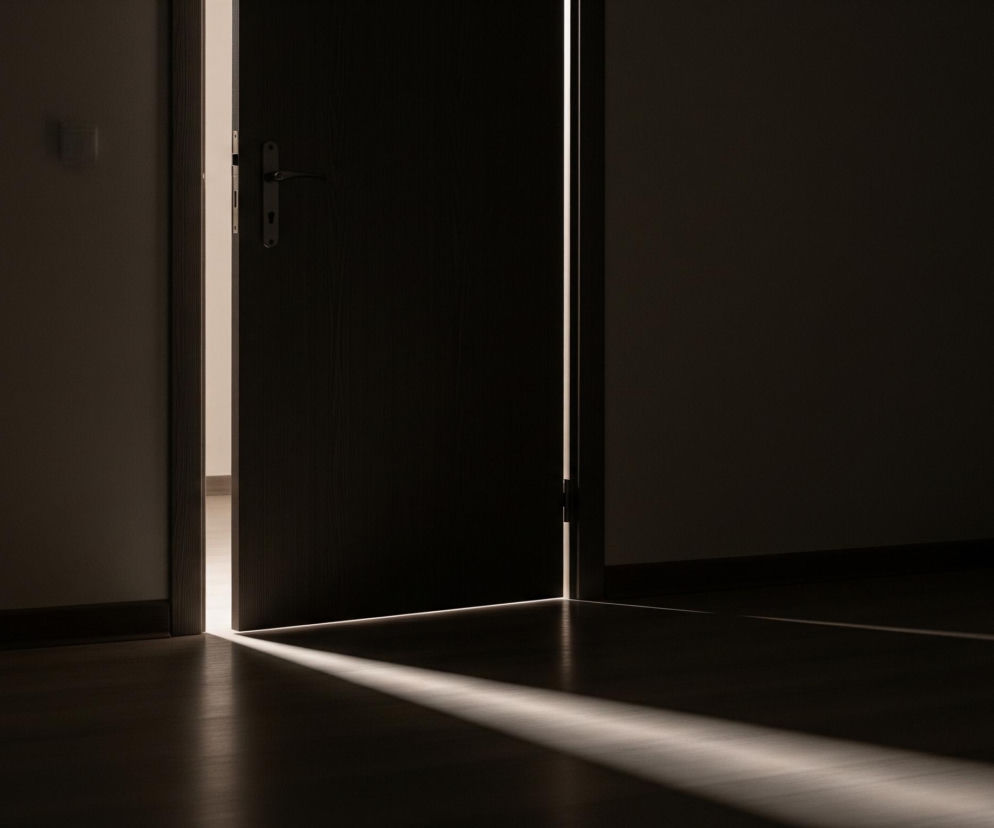 Szczelina światła przenika do ciemnego pokoju przez uchylone ciemne drzwi. Pionowa smuga jasnego światła widać z lewej strony drzwi oraz wzdłuż ich prawej krawędzi, rozświetlając futrynę. Na podłodze widoczna jest przekątna smuga światła, rozjaśniająca drewnianą posadzkę, podczas gdy reszta pomieszczenia pozostaje pogrążona w ciemności, z ledwo widoczną listwą przypodłogową. Na lewej ścianie, w górnej części, znajduje się prostokątny włącznik światła.