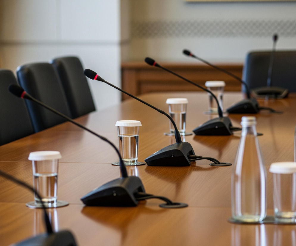 Gładki, brązowy, połyskujący stół konferencyjny rozciąga się od lewej do prawej, zajmując większość kadru. Na stole rozmieszczone są liczne czarne mikrofony na giętkich ramionach z czerwonymi akcentami, skierowane ukośnie w górę, oraz szklanki z wodą, niektóre z białymi, okrągłymi podkładkami lub przykrywkami, i kilka szklanych butelek z wodą. W tle, częściowo rozmyte, widać rząd czarnych, skórzanych krzeseł bez ludzi, a za nimi jasne ściany, częściowo zasłonięte białymi, przezroczystymi zasłonami po lewej stronie. Światło z lewej strony odbija się od powierzchni stołu.