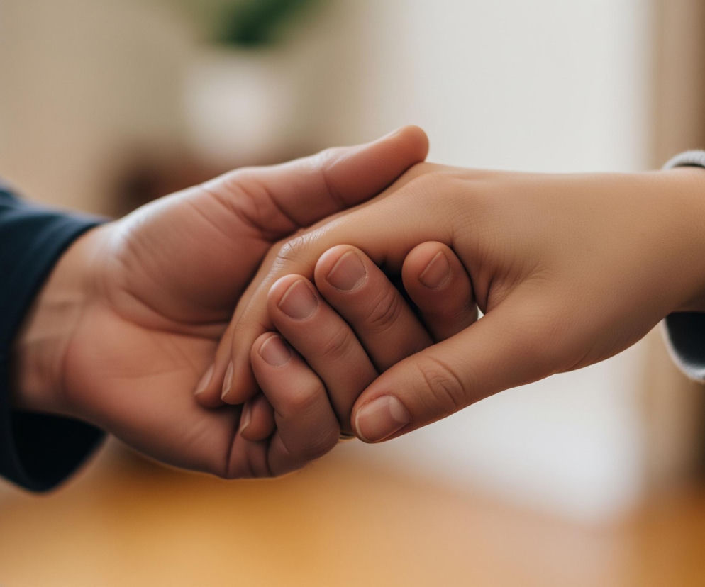 Dwukrotnym ujęciem, na pierwszym planie znajdują się dłonie dwóch osób, delikatnie się stykające. Lewa dłoń, należąca do osoby ubranej w ciemną, prawdopodobnie granatową marynarkę, trzyma delikatnie wierzch prawej dłoni drugiej osoby. Prawa dłoń, o jaśniejszym odcieniu skóry, należy do osoby noszącej szary, dzianinowy sweter. Tło jest rozmyte, ukazując ciepłe, jasne odcienie beżu i bieli, co nadaje scenie miękkości i intymności.