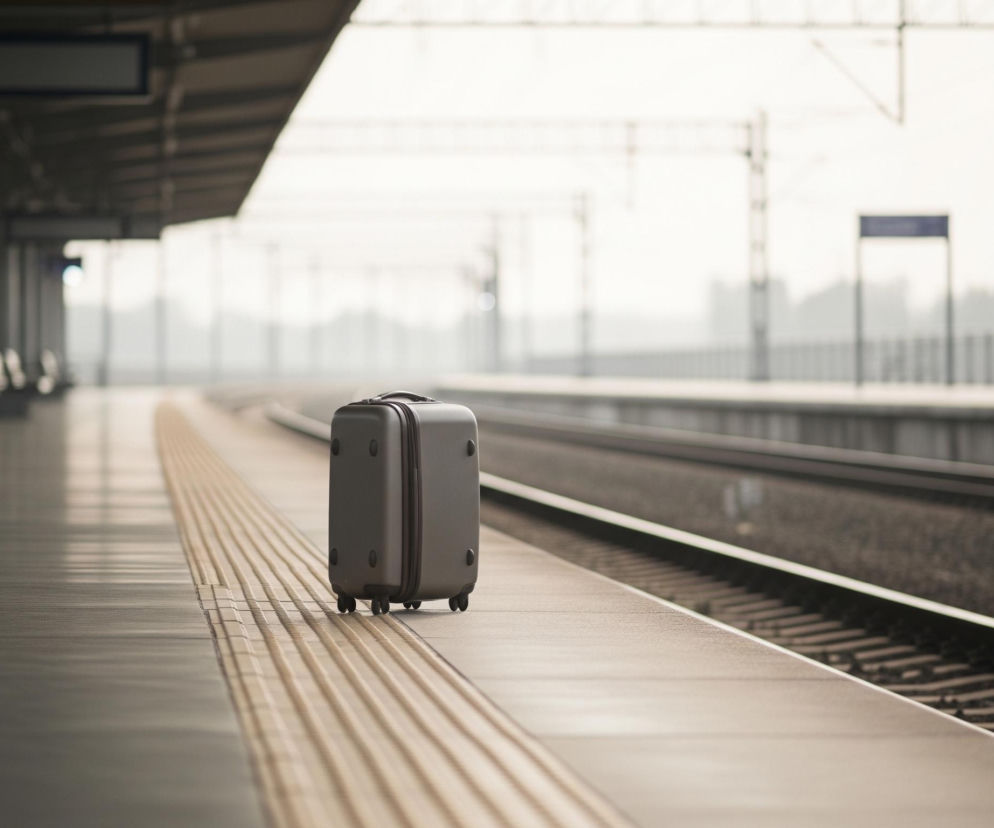 Szara walizka stoi samotnie na peronie dworca kolejowego, skierowana uchwytem w stronę torów. Peron wyłożony jest kwadratowymi płytami o jasnobeżowym odcieniu, a wzdłuż krawędzi biegnie pas ryflowanych, żółtych płytek. Po lewej stronie widoczne są puste ławki i słupy podtrzymujące zadaszenie peronu. W tle rozciągają się tory kolejowe, a za nimi, w oddali, zamglony pejzaż z niewyraźnymi sylwetkami drzew i słupów trakcyjnych.